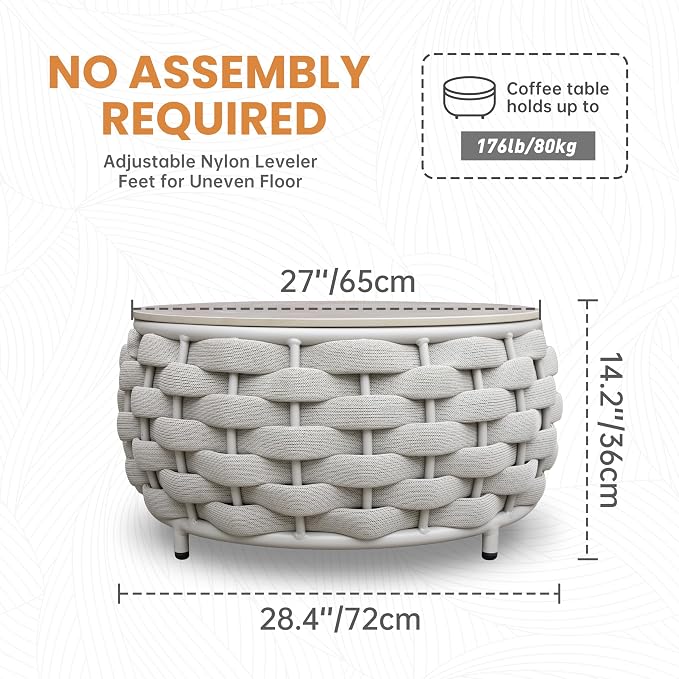 Short Round Patio Coffee Table: Hand Woven Rope Side Tables Assembled - Aluminum Outdoor Accent Table Modern - Metal Porch Furniture for 176lbs Deck Garden Pool Balcony Hotel, φ25.6''/65cm, Gray