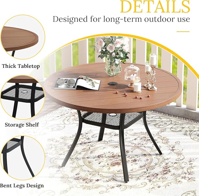 VICLLAX Patio Dining Set for 4, 5 Pieces Outdoor Furniture Set- 40.7" Round Outdoor Table and Swivel Padded Chairs, Walnut Tabletop and Mixed Brown Fabric
