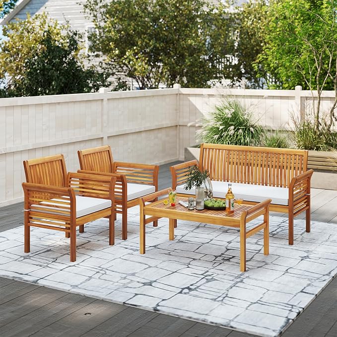 4 Piece Patio Furniture Set, Acacia Wood Sofa Set with Rectangular Coffee Table & Soft Seat Cushions, Outdoor Conversation Set for Garden, Backyard & Poolside