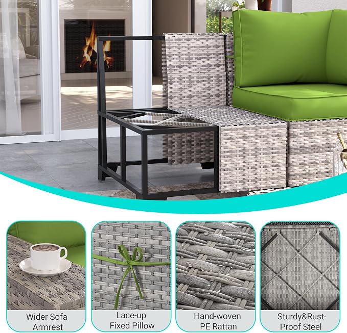 13-Piece Outdoor Patio Furniture Set with 55,000 BTU Fire Pit Table, PE Wicker Rattan Sectional Sofa Patio Conversation Set with Coffee Table, Avocado Green