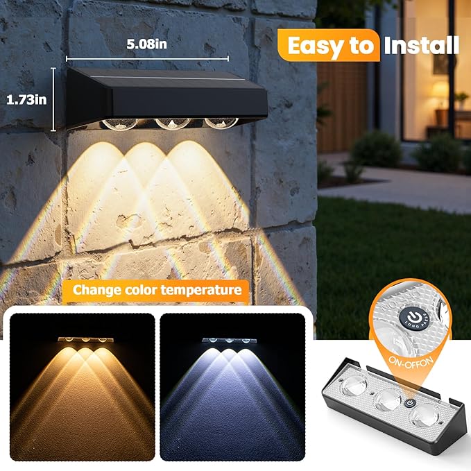 Solar Fence Lights, 12 Pack LED Outdoor Solar Deck Lights with Lenses, RGB Color, IP65 Waterproof, Solar Lights for Outside, Wall, Patio, Railing, Yard (Black)