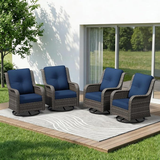 4 Piece Outdoor Swivel Rocker Patio Chairs Set, Patio Chairs Set of 4 with Thickened Olefin Cushions, High Back and Deep Seating, Hand-Woven PE Rattan for Porch, Deck, Blue