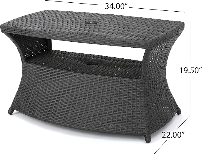 Outdoor Rattan Side Table with Umbrella Hole, All Weather 2 Tier Rattan Wicker Coffee End Table with Storage Shelf for Garden Porch Deck Backyard, No Assembly Required (Grey)