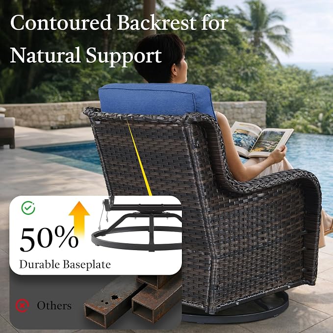Wicker Patio Furniture Set- 4 Pieces Outdoor Swivel Rocker Chairs with 50,000 BTU Fire Pit Table,PE Rattan Outdoor Conversation Set for Garden Porch Deck