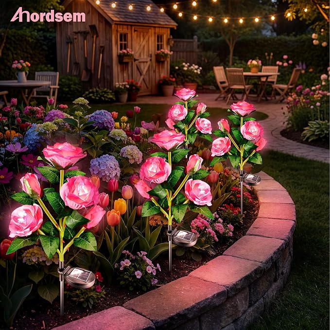 Anordsem Solar Garden Lights Outdoor: Waterproof Fabric Roses - Red LED Flower Decorations for Yard Patio Path Cemetery Grave - Birthday Gifts for Women Mom Wife - 4 Pack Pink