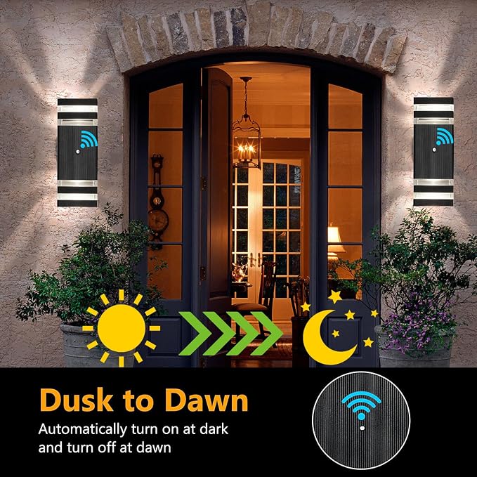 4 Pack Dusk to Dawn Outdoor Wall Lights Modern Exterior Light Fixture, 2-Layer Black Outside Lights for House, IP65 Waterproof Up and Down Outdoor Sconces Wall Lighting for Garage Porch, 3000K