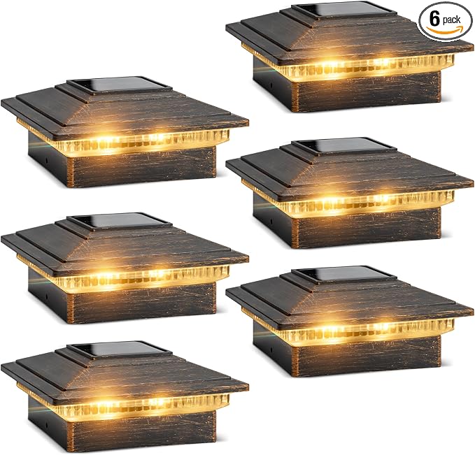Solar Post Cap Lights Outdoor 6pack, Waterproof Fence Post Solar Lights for 4x4 5x5 6x6 Wood/Vinyl Posts, Deck Post Lights with 2 Color Modes Decorate Garden Patio Porch Backyard Brushed Copper