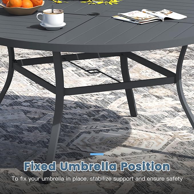 DIFY 63" Round Outdoor Patio Dining Table for 8-10, All-Weather Metal Steel Slatted Patio Table with 1.57" Adjustable Umbrella Hole for Garden, Backyard, Deck, Grey