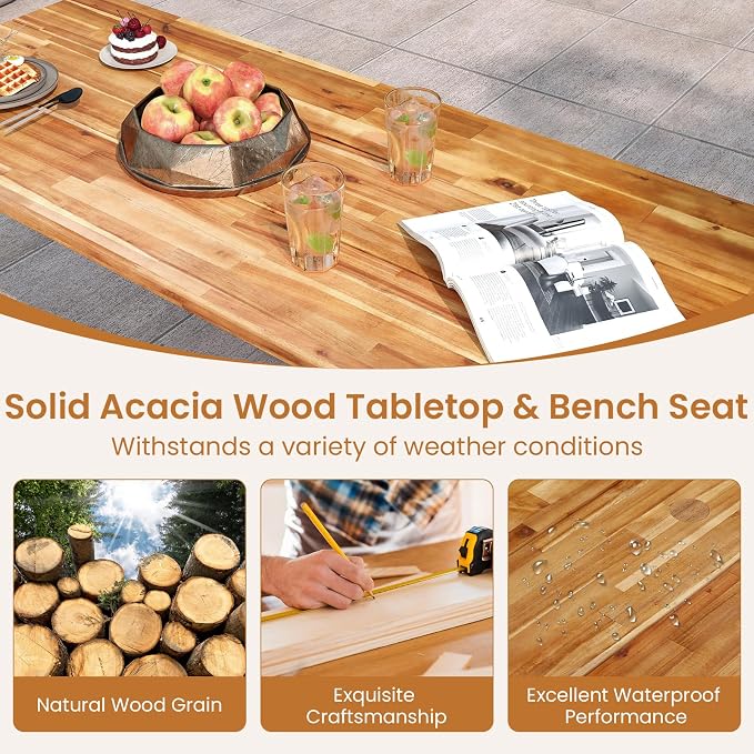 Giantex 71" Picnic Table Bench Set for 6-8, Acacia Wood Outdoor Dining Table Set, 2" Umbrella Hole, Heavy Duty Metal Frame, Footrest Bar, Large Rectangular Tabletop for Porch Patio Lawn Garden