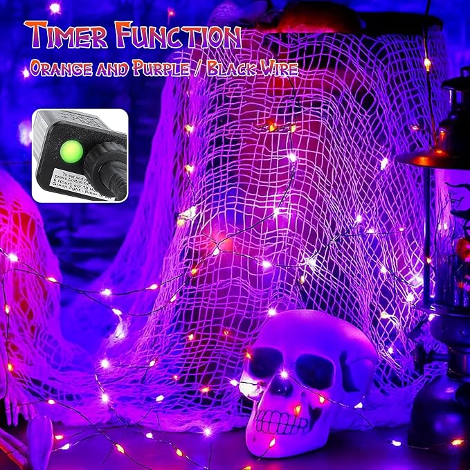 66FT 200 LED Fairy Lights Plug in, 8 Modes Twinkle Lights Purple and Orange | Waterproof String Lights Outdoor Indoor, Memory, Timer, Copper Wire, Halloween Lights for Bedroom Garden Party Holiday Decor
