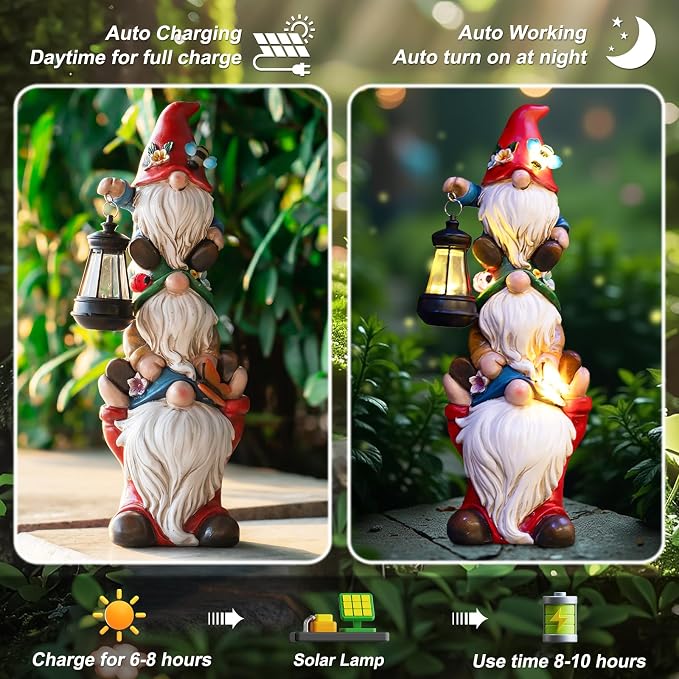 twinbling 12 in Garden Gnome Statue with Solar Lights | Birthday Gift for Mom Woman Grandma Garden Sculptures Funny Triple Gnome Outdoor Patio Lawn Yard Balcony Home Decor