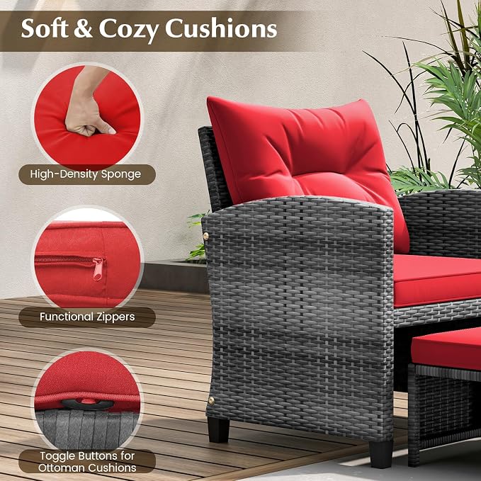 COSTWAY 5-Piece Rattan Conversation Set, Outdoor Wicker Sofa, Tempered Glass Coffee Table & Ottomans for Small Space, Boho Chic Indoor/Outdoor Furniture Set for Poolside, Backyard, Deck (Red)
