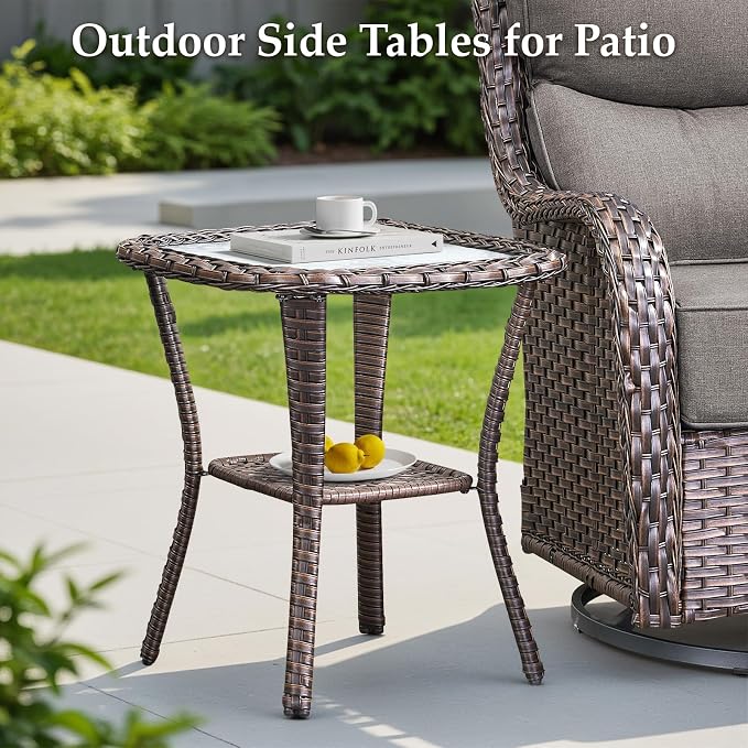 Luxury 5 Pieces Patio Furniture Set-Outdoor Swivel Rocker Patio Chairs with 6" Thick Cushions, Swivel Rocker Chairs with Ottomans & Side Table, Outdoor Conversation Sets for Porch Deck(Brown/Grey)