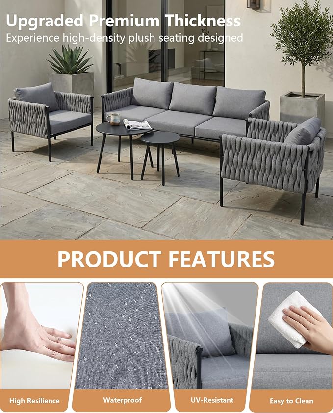5 Piece Patio Furniture Set, Woven Rope Outdoor Furniture Couch with 2 Round Coffee Tables, All Weather Patio Conversation Sets with Oversized 3-Seater Sofa & Washable Cushions for Backyard