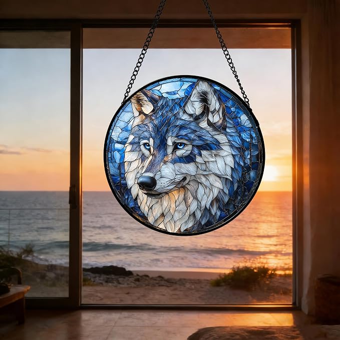 DASTOLL Stained Glass Window Hanging - Funny Wolf Suncatcher Ready to Hang Window Doors Home Decoration and Christmas, Mother's Day Birthday Gifts for Women, Men, and Mom 6.3x6.3 in