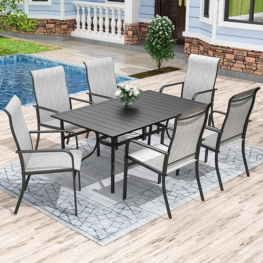 Anmutig 7 Pieces Outdoor Patio Dining Set with Umbrella Hole, 63" Large Rectangle Table with Heavy Duty Steel Frame, Outdoor Furniture Set for Backyard, Deck, Garden