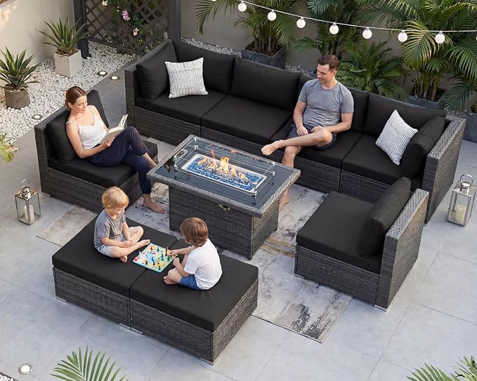 BULEXYARD 9 Pcs Highback Patio Furniture Set with Firepit, High-End Outdoor Sectional Couch with Ottoman 8-Seats, Cozy Comfy Wide Deep Deck Seating Group Conversation, Grey Rattan & Black Cushion