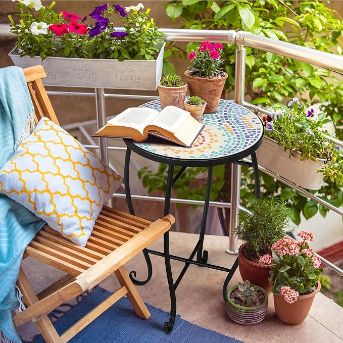 Bonnlo Mosaic Side Table Livingroom Coffee Table Plant Table Outdoor Garden Patio Balcony (Sun)