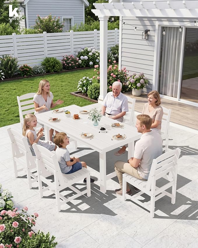 KINGYES 7-Piece Patio Dining Set, HDPE Table and Armless Chairs Outdoor Furniture Set with Umbrella Hole, White