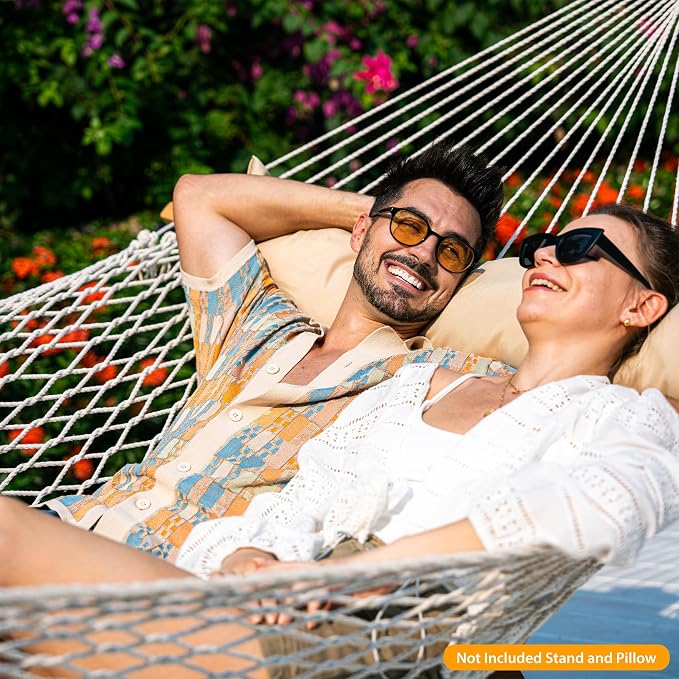 Lazy Daze Hammocks 12FT Double Rope Hammocks, 2 Person Hand Woven Cotton Hammock with Pillow and Spreader Bar for Outside, Patio, Poolside, FIT 13-15 Ft Stand, Max 450 Lbs, Natural, 141 x 57 inches