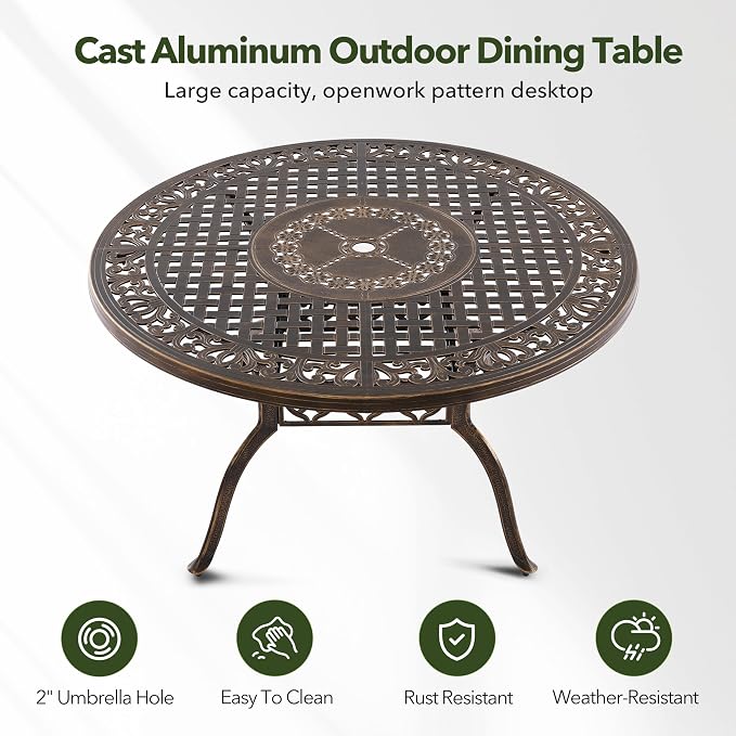 5-Piece Cast Aluminum Outdoor Table and Chairs, Classic Vintage Patio Dining Set for 4 Include 54.5" Round Dining Table and 4 Swivel Chairs with Removable Cushion and Umbrella Hole