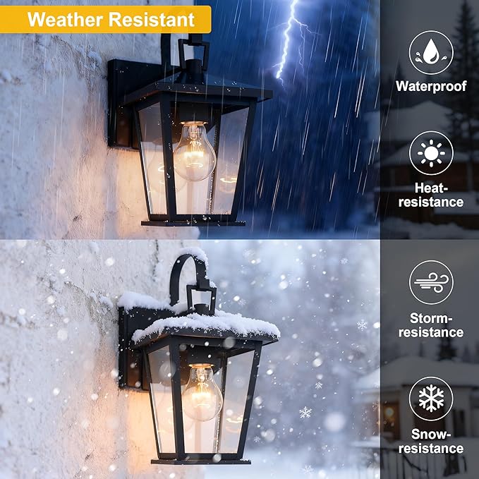 Outdoor Wall Lantern 2 Pack, Waterproof Exterior Wall Mount Light with Clear Glass in Black Finish, Porch Outside Lighting for Entryway, Backyard, Patio, E26 Base, Clear Glass 12.5 in