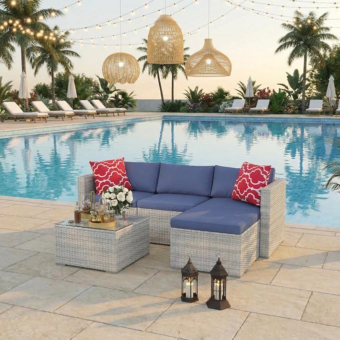 GarveeTech 5 Pieces Patio Furniture Set, All Weather Wicker Rattan Sectional Sofa, Outdoor Patio Furniture Set with Washable Cushions for Garden, Backyard, Porch, Poolside (Grey&Blue)