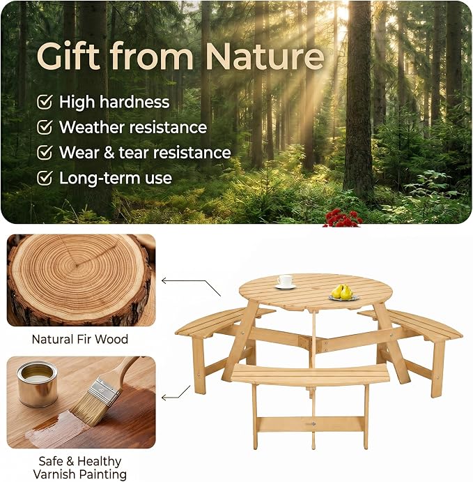 6 Person Wood Dining Table, Outdoor Round Picnic Table with 3 Built-in Benches, Umbrella Hole, Outside Patio Backyard Table and Bench Set, 500lbs Capacity Per Bench (Oak)