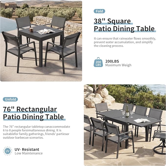 Expandable Patio Dining Table for 4-8 Person, Aluminum Extendable Outdoor Table, 38"-77" Adjustable Patio Table, Square/Rectangular Outdoor Accent Table for Garden, Backyard, Poolside, Black