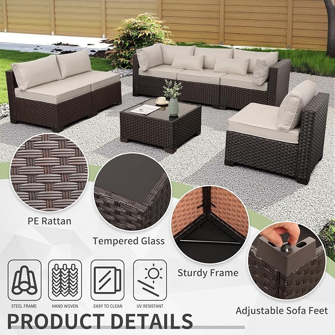 WAROOM Outdoor Patio Furniture Set 7 Pieces Wicker Sectional Sofa Brown Rattan Conversation Couch with Coffee Table, Anti-Slip Thick Beige Cushion