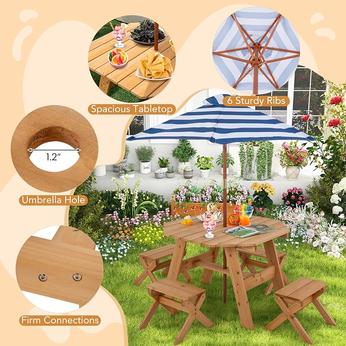 HONEY JOY Kids Picnic Table, Fir Wood Octagon Table & 4 Stool Set, Stripe Fabric Umbrella, Toddler Picnic Table for Outdoors, Children Backyard Furniture for Patio Garden (Natural)