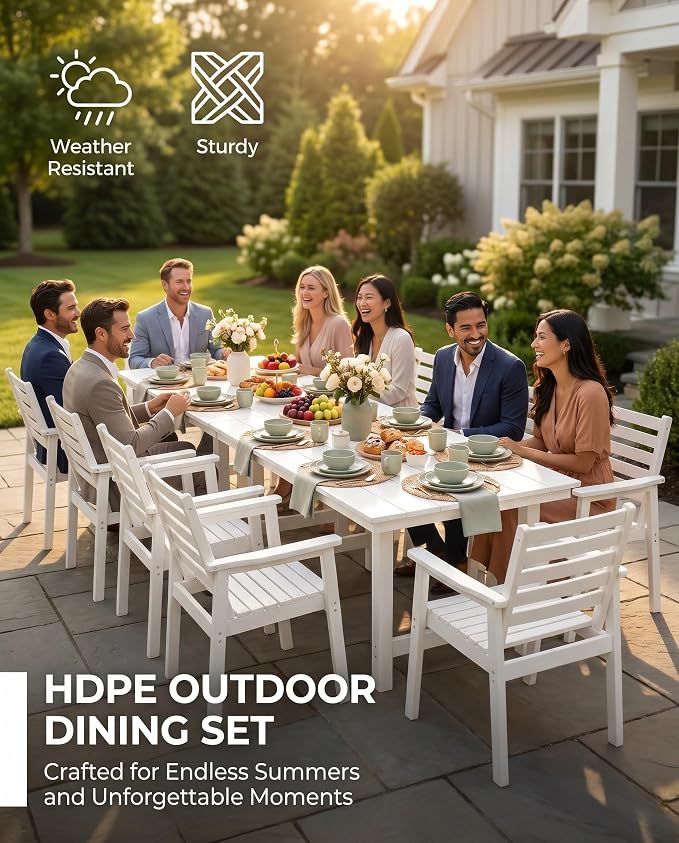 10 Piece HDPE Outdoor Dining Set for 8, Patio Dining Furniture Set with 2” Umbrella Hole, Weather Resistant Outdoor Table and Chairs for Garden, Poolside, Backyard, Deck