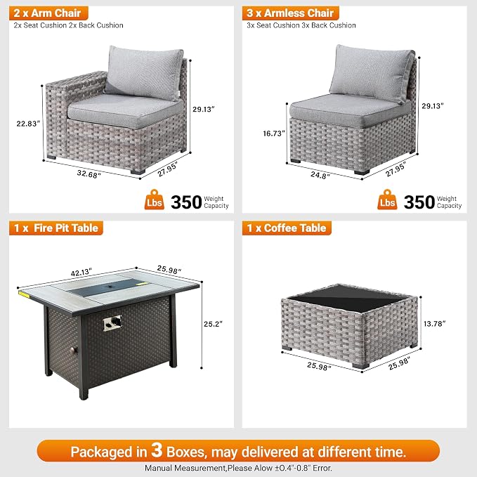 7-Piece Patio Furniture Set, Outdoor Wicker Rattan Patio Furniture Sectional Set with Coffee Table, All Weather Outdoor Fire Pit Conversation Set for Porch Backyard Balcony Garden, Dark Gray