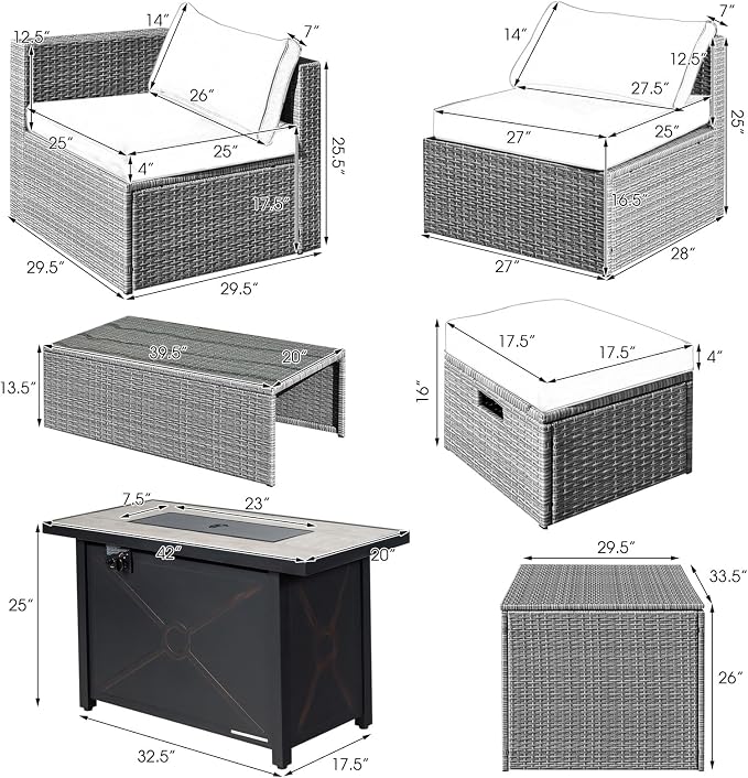 Tangkula 9 PCS Patio Furniture Set with 42” 60,000 BTU Fire Pit, Outdoor Space-Saving Sectional Sofa Set with Storage Box, Waterproof Covers Included (Black)