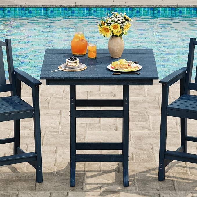 Takywep 31.5" Square HDPE Wood Grain Outdoor Bar Table, 39.6" High Weatherproof Pub Table for Patio and Poolside, Tall Bistro Table with 300 Lb Weight Capacity and Umbrella Hole, Navy Blue