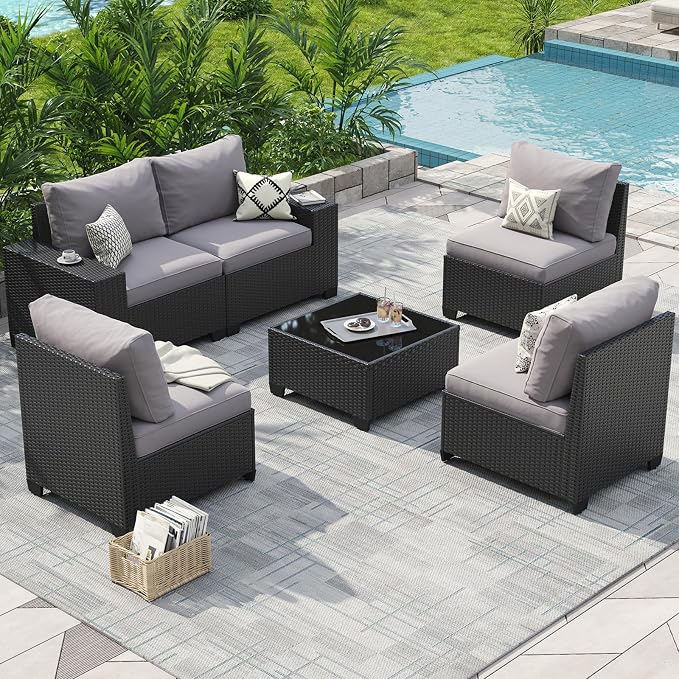 Aoxun Patio Furniture Set, 6 Pcs Outdoor Patio Furniture Sets with 4in Thicken Cushion, Widen Armrests Wicker Outdoor Sectional for Backyard, Grey
