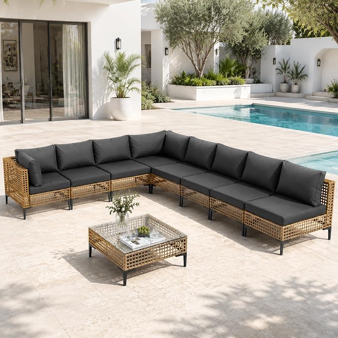 9-Piece Outdoor Wicker Patio Sectional Furniture Set, Grey | 8 Seat, All Weather Performance, PE Rattan, Coffee Table, Thick Cushions, for Backyard, Porch, Poolside, Deck