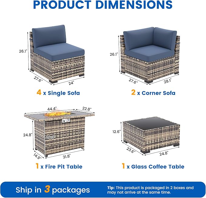 8 Pieces Outdoor Patio Furniture Set with 44" Fire Pit Table Yellow Rattan Sectional Conversation Sets w/Gas Fire Pit, Coffee Table, 1 Waterproof Covers, Navy Blue