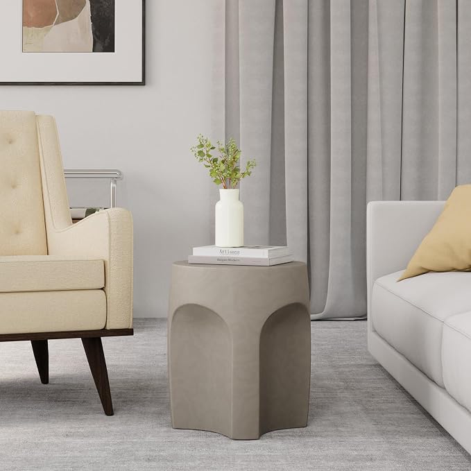 HOMPUS Outdoor Side Table Set of 2, Unique Concrete End Table w Arch Shape, Round Patio Accent Table Lightweight, Modern Vintage Garden Tool for Indoor Use, Grey