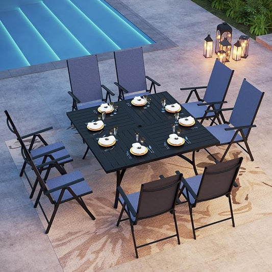 PHI VILLA Outdoor Dining Set for 8 w/Square Table & Folding Chairs, Blue | Light-weight & space-saving, Breathable & quick-drying, Metal Table, Umbrella Hole, Weather-Resistant, Adjustable, Patio deck