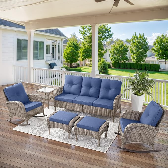 Belord 5 Piece Patio Rocking Chairs Furniture Set - Outdoor Wicker Furniture with Ottomans and Side Table, Rattan Conversation Bistro Set for Porch Deck Balcony