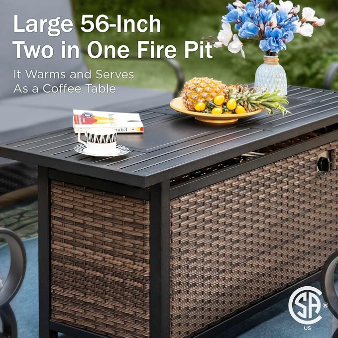 PHI VILLA Patio Furniture Set with 56" Fire Pit Table, Metal Frame Outdoor Conversation Sets, Wicker Patio Sectional Swivel Chairs with Ottomans for Porch, Deck, Poolside(6 Pieces, Grey)