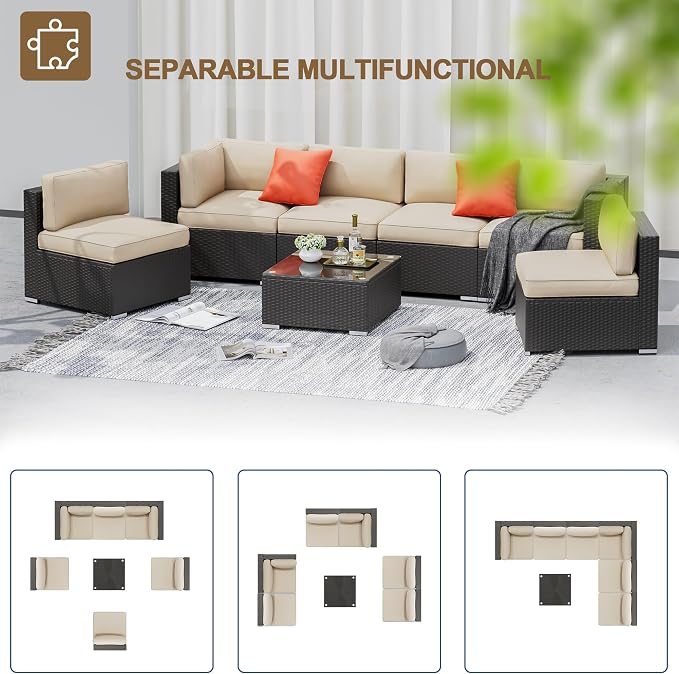 Betterland 7 Piece Outdoor Sectional Sofa Patio Furniture Set, All-Weather PE Rattan Wicker Patio Conversation Set with Washable Cushion, Glass Table and Waterproof Cover(Beige)