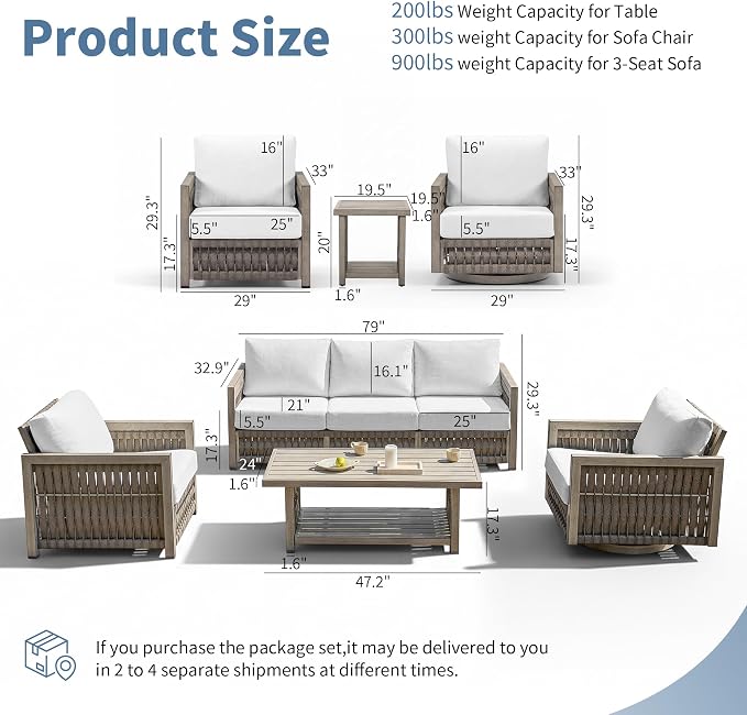 2 Pieces Patio Swivel Chair, Rope Weave Outdoor Chair with Widened Armrests & Thick Cushions, All-Weather Never-Rust Aluminum Deep Seating Armchair for Garden, Porch, Deck, Gray Oak