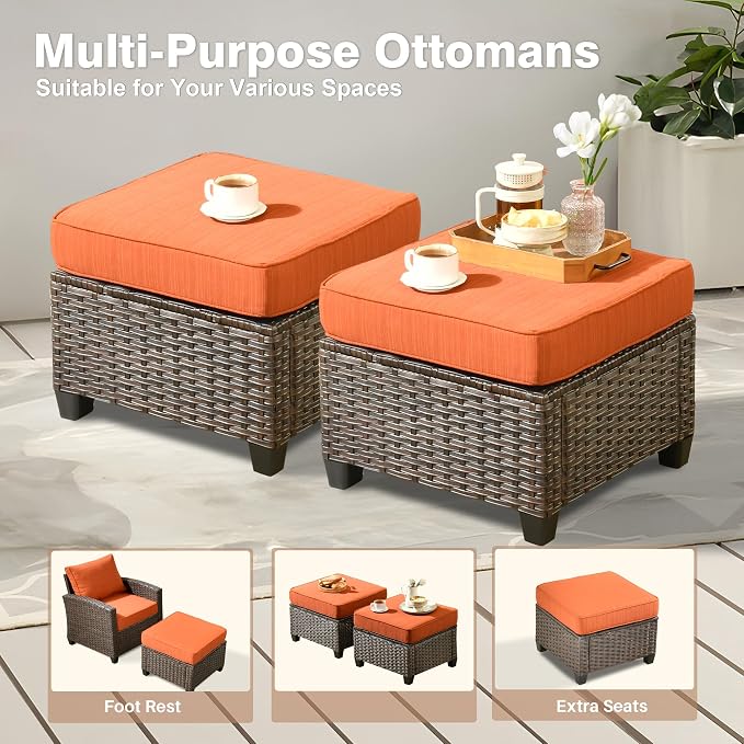 ovios 5 Pieces Patio Furniture Set, Outdoor Wicker Sofa Couch with Chairs Comfy Cushions, All Weather Brown Rattan Conversation Set for Backyard Deck Porch, Orange Red