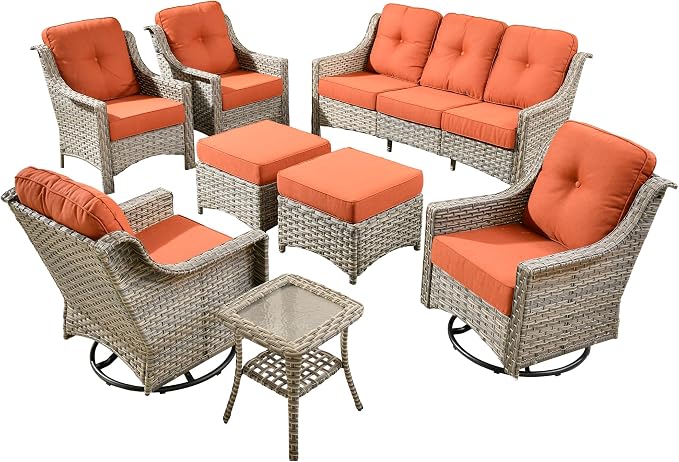8 PCS Outdoor Patio Furniture Sets,Patio Conversation Sets Outside Rattan Soft Cushion Sofa with 2 Wicker Rocking Chairs Soft Cushion Fit Backyard Porch Garden Poolside Balcony,Orange Red