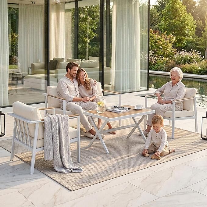 Aug-guan Aluminum Patio Furniture Set 4 Piece, Outdoor Conversation Set with 5" Cushions, Olefin Fabric, Rustproof Frame, Non-Slip Feet, Compact Patio Sofa Set for Balcony, Backyard, Porch,White