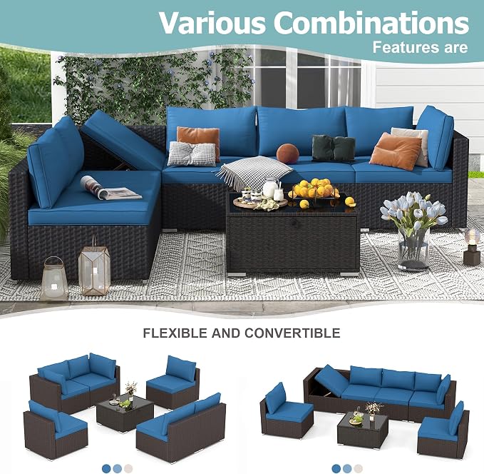 HOMREST 7 Piece Patio Furniture Set with Adjustable Bracket All-Weather Wicker Conversation Set with Coffee Table for Porch Garden Backyard (Blue)