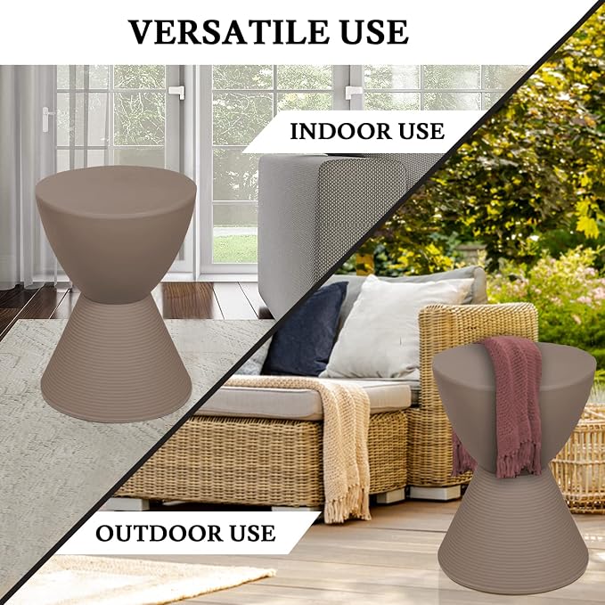 LeisureMod Modern Hourglass Taupe Side Table - ABS Shell Drum End Table with Storage for Indoor & Outdoor Use