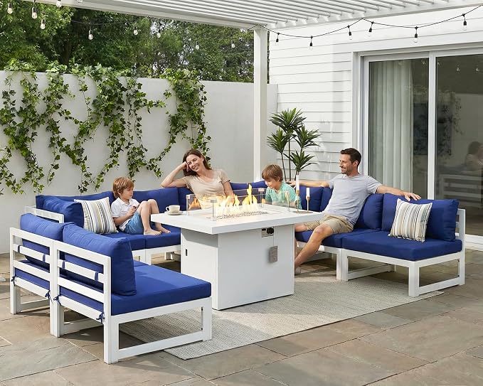 BULEXYARD 9 Piece L Shaped Contemporary Aluminum Outdoor Furniture Set with Firepit, 29" Deep Wide Large Couch Set, 500 lbs High Weight Capacity Modular Patio Sectional Sofa for Exterior, Navy Blue